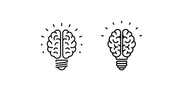 Brain in light bulb icon symbolizing idea generation innovation thinking and intelligence creativity concepts with glowing rays.