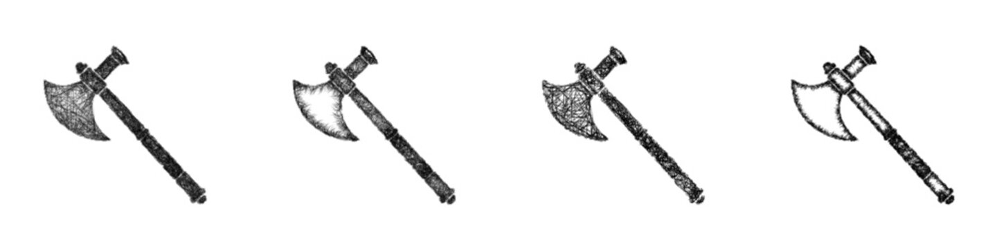 Monochrome sketch battle axe icon design set