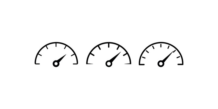 Set of speedometer icons vector illustration, gauge with needle showing speed level, car dashboard indicator concept.