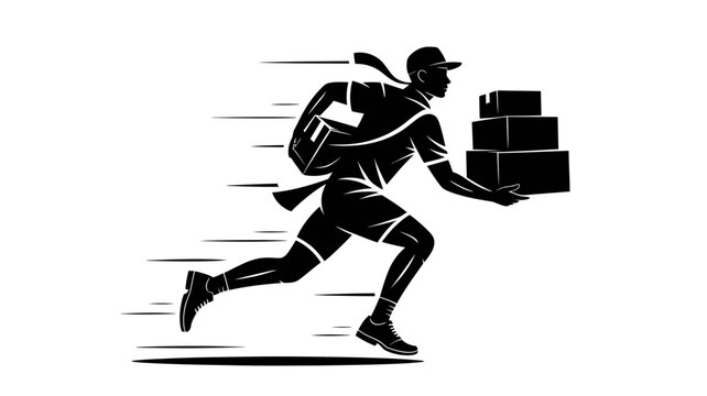 A delivery man running with boxes in hand and a backpack on his back