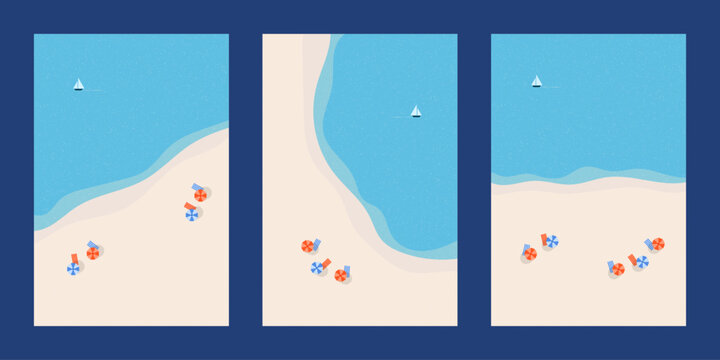 Beach Illustration Vector Set. Minimal Beach Illustrations for Summer Poster, Cover, Card with Beach Sand, Ocean, Sunbathing. Summer Holidays Travel Illustration Template.