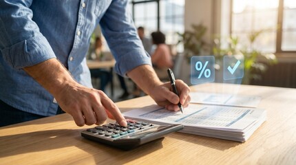 Fototapeta premium Financial Accounting — Male Hands Operating Calculator on Documents With Holographic Tax Icon