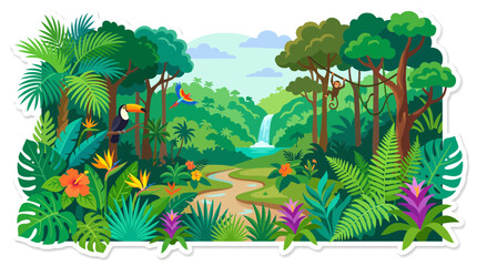 Obraz premium Vibrant tropical forest landscape with lush greenery and colorful flowers and toucan