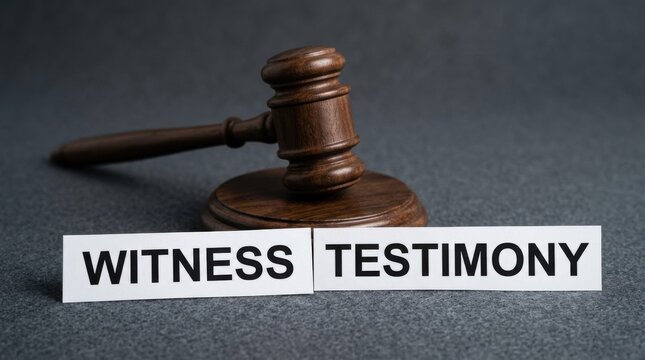 Witness testimony text labels with wooden judge gavel, legal courtroom concept for justice and law, dark professional background with mallet and sound block