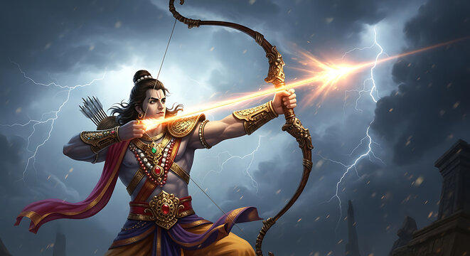 Man aiming bow and arrow with glowing arrow in stormy sky