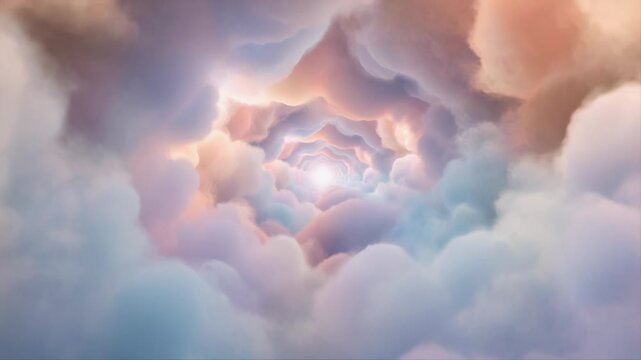 Dreamy pastel-colored clouds with sunlight shining through, soft puffy texture, serene atmosphere, heavenly background, ethereal mood, gradient hues
