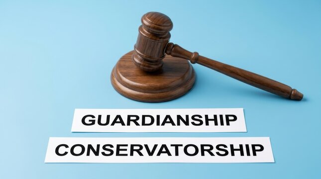 Legal guardianship and conservatorship concept, wooden judge gavel with printed law terms, judicial authority and family law protection on blue background