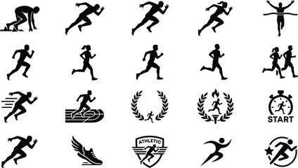 Fototapeta premium Black Silhouette Collection of Male and Female Runners Sprinting with Athletic Badge and Sport Icons Set