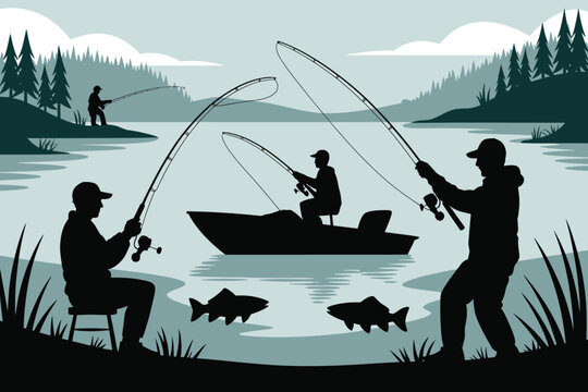 Silhouette illustration of four anglers fishing on serene lake with trees and mountains in background