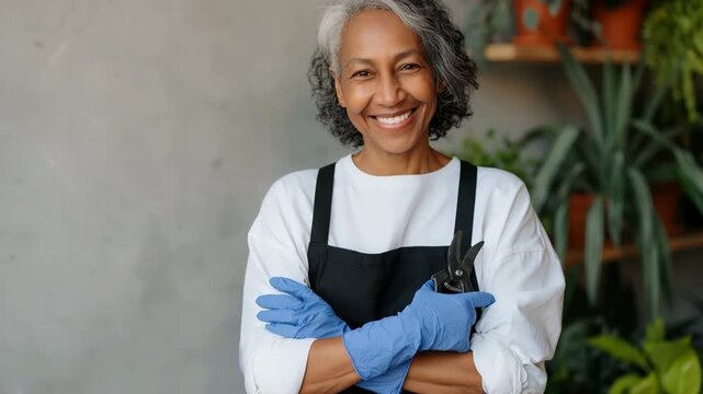 Middle aged woman gardener holding pruning shears in greenhouse