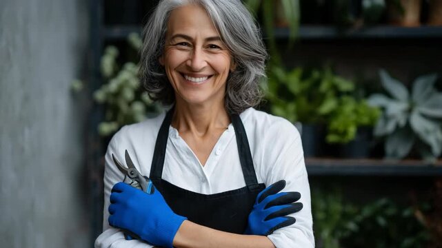 Mature woman holding pruning shears in plant nursery