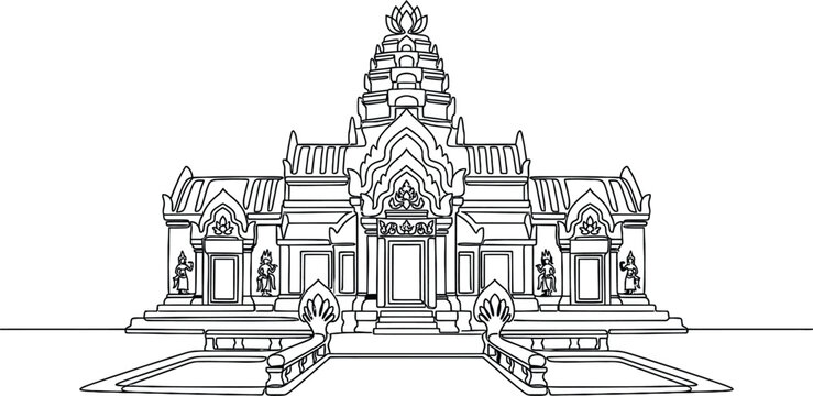 Ancient Temple Outline Drawing, Asian Architecture, Historical Landmark Illustration