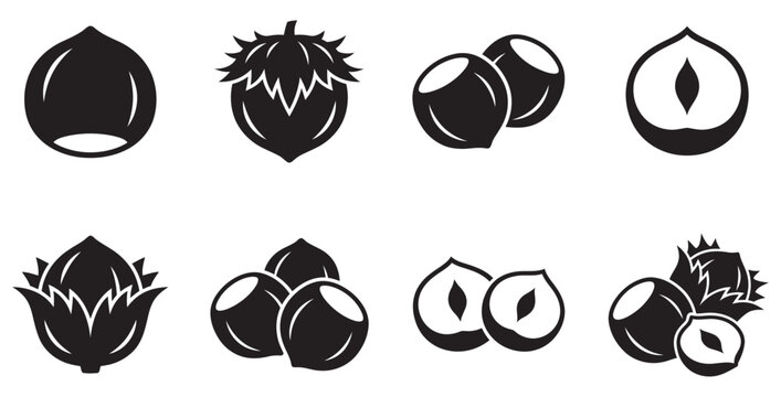 Collection of stylized black and white hazelnut icons showing various stages of the nut and its shell on transparent background