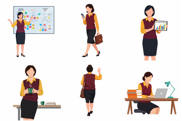 Fototapeta premium Professional Businesswoman Character Set in Various Office Scenarios and Work Activities