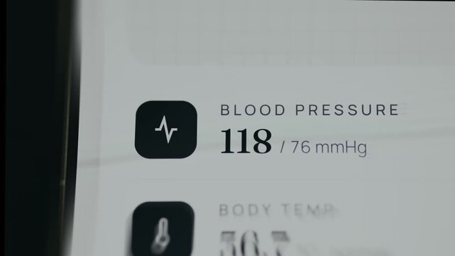 Blood pressure monitoring display with 118 over 76 mmHg result