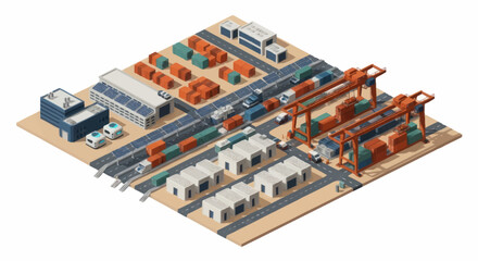 Obraz premium Isometric Industrial Port with Cranes and Containers.