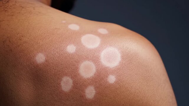 Skin condition detail on shoulder with circular discoloration on dark skin