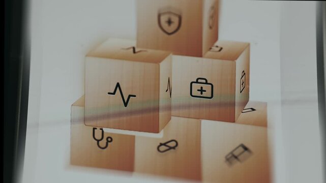 Wooden blocks stacked together with engraved medical-themed icons