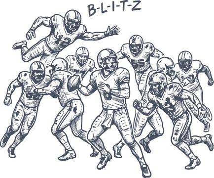 hand drawn navy blue illustration of a football blitz defense putting pressure on a quarterback in the pocket no white fills included