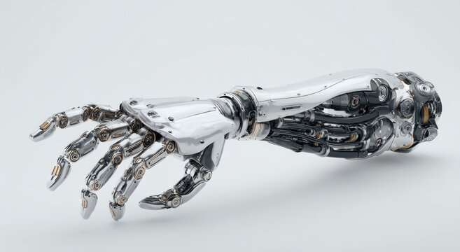 Robotic hand with metallic fingers and mechanical wrist on white background