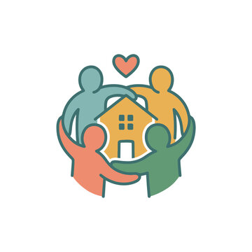 Community figures embracing a house icon with heart.