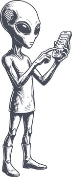 alien character using a smartphone in hand drawn style with navy dark fill and no white fills included symbol illustration icon