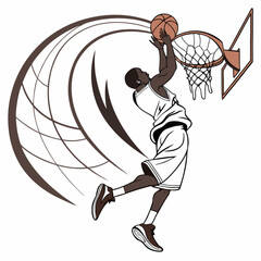 Basketball player performing a slam dunk into a hoop with motion lines, strength © mia