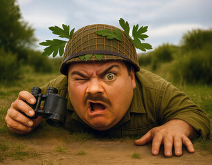 Obraz premium Comic soldier in the field with binoculars with surprised facial expression