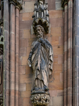 Apostle Bartholomew statue at Lichfield Cathedral, Lichfield, UK