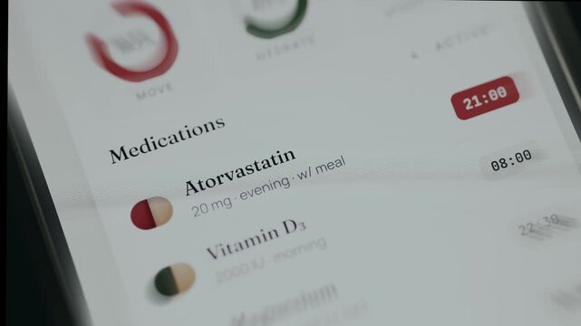 Digital interface tracking a medication schedule for Atorvastatin and Vitamin D3