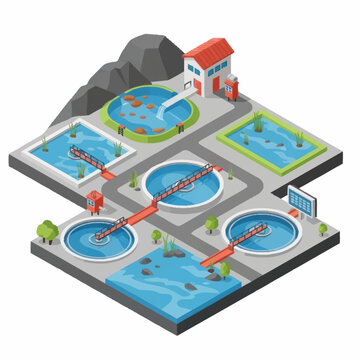 Wastewater Treatment Plant Isometric Illustration.