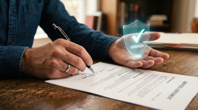 A close-up shot of a person's hand signing a document with a pen, while another hand displays a digital verification shield with a checkmark. The scene implies security, agreement, and confirmation