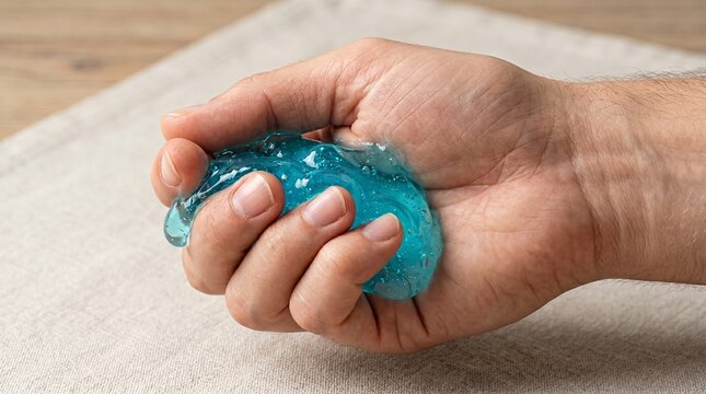 Hand squeezing blue translucent gel on a neutral background