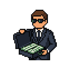Fototapeta premium simple pixel art of a mysterious man in a suit opening a suitcase containing a pile of money