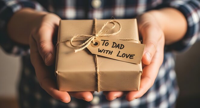 Father's day gift hands holding brown package with 'to dad' tag