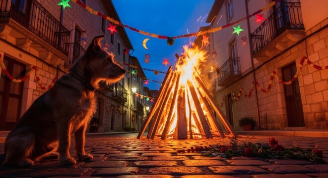 A dog sits beside a bonfire in a festive street at night
