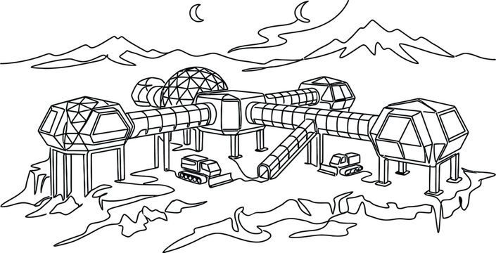 Futuristic Space Station Base on Alien Planet with Domes and Rovers