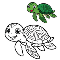 Fototapeta premium Smiling Sea Turtle Illustration: Color and Line Art