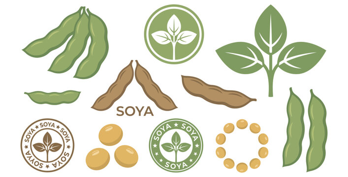 Collection of graphic icons featuring soya beans, pods, and plant leaves on transparent background