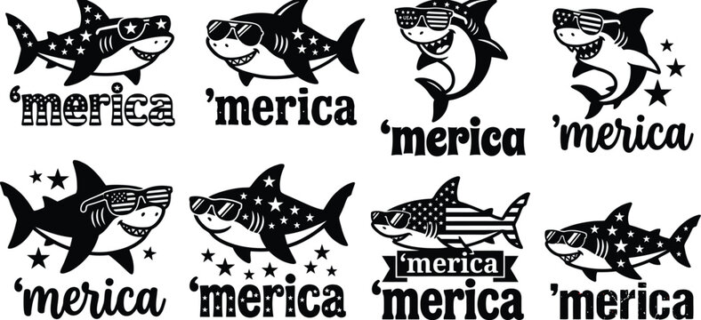 Patriotic shark designs collection with american flags and 'merica text