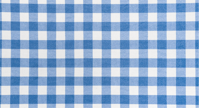 Blue and white checkered fabric texture background with gingham pattern