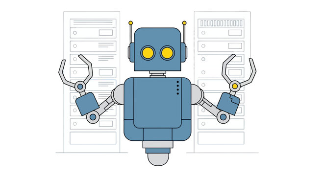 Friendly robot with server racks, artificial intelligence concept