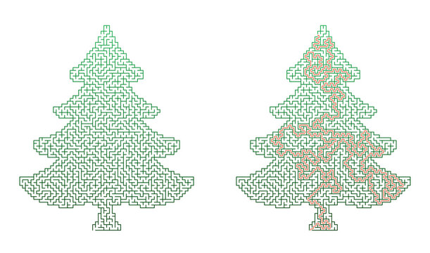 Labyrinthine maze design shaped like a Christmas tree, featuring intricate pathways in green and a highlighted route in orange on a white background