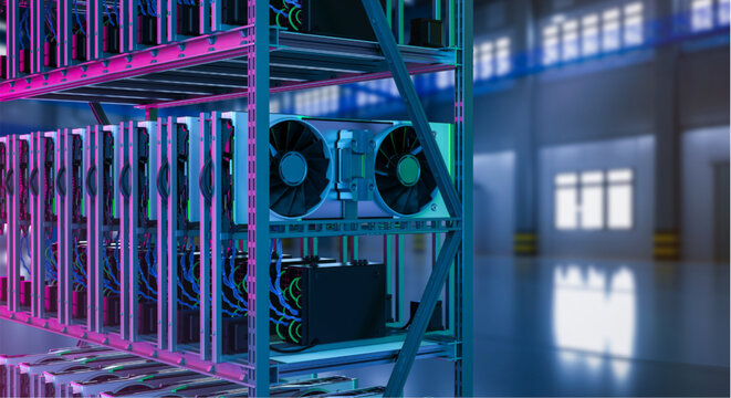 Cryptocurrency mining rig with colorful neon lights in a modern industrial warehouse setting for blockchain technology