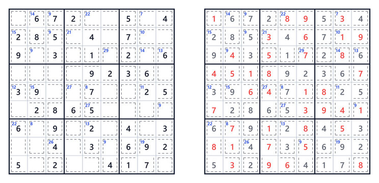 Killer Sudoku puzzle with answers displayed in red and blue ink, featuring a 9x9 grid layout, medium difficulty level, suitable for puzzle enthusiasts and brain training