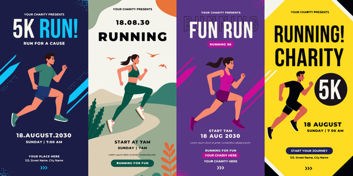 Diverse runners in vibrant posters for charity 5k fun runs promoting healthy lifestyle and community events