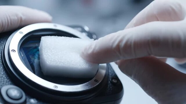 Close-up of gloved hands cleaning a camera sensor with a swab.