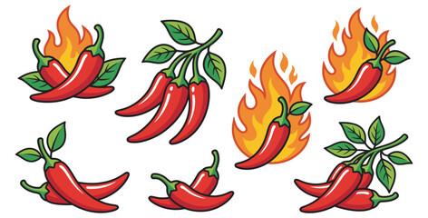 Fototapeta premium Collection of stylized red chili peppers with green leaves and flames on transparent background