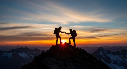 Obraz premium Two mountaineers reaching the mountain summit. Success and team collaboration. Climbers shaking hands at the top of a peak during golden hour