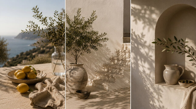 Mediterranean Quiet Luxury. Soft lighting creates an aesthetically pleasing composition of three photographs that complement each other.